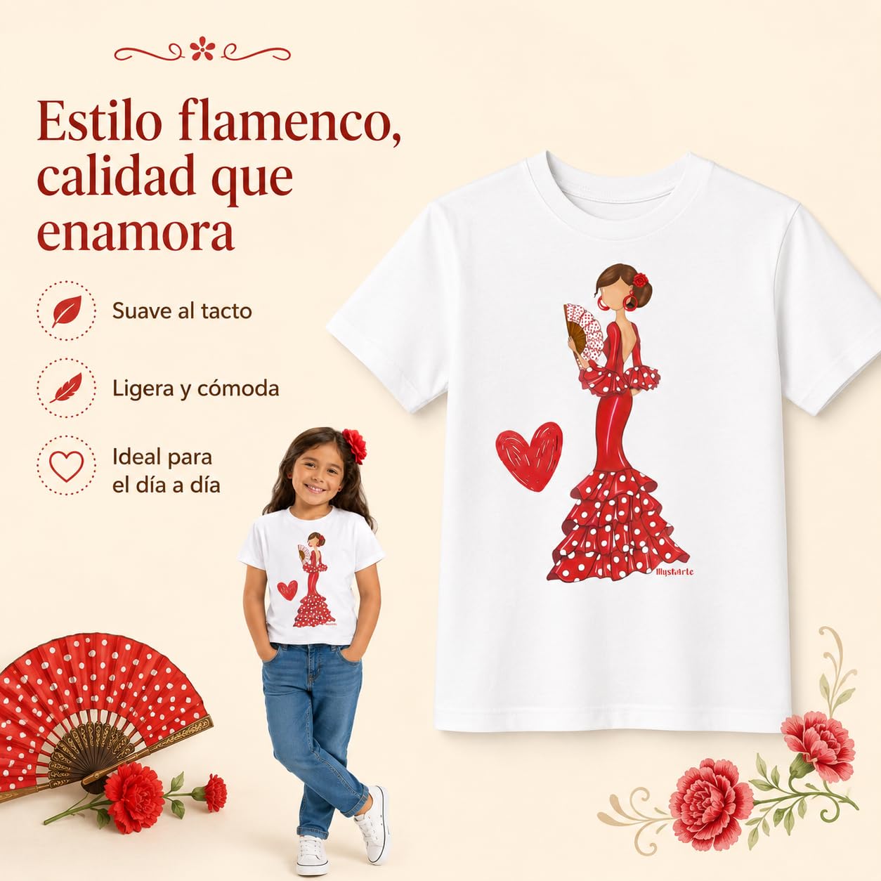Camiseta Flamenca 100% algodón orgánico de Manga Corta para niña