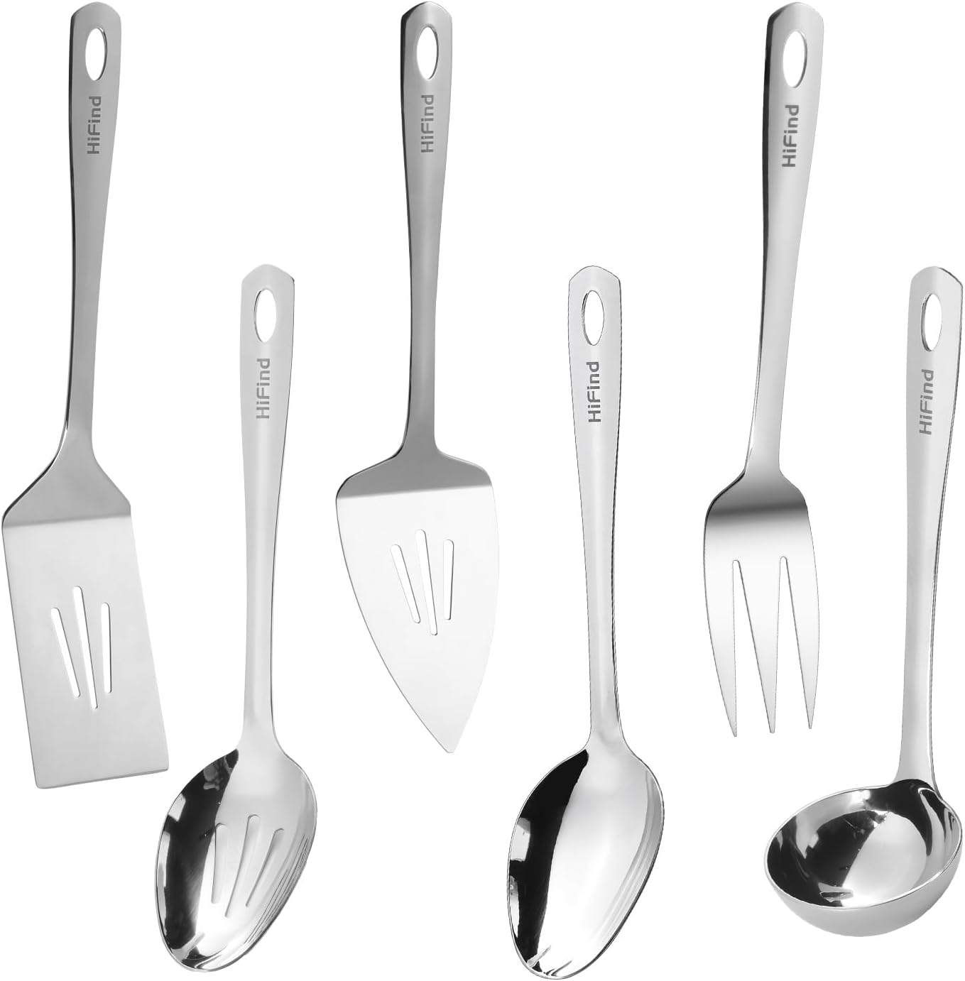 Serving Utensils Set, Stainless Steel Serving Utensils 6 PCS, Durable Heavy Duty Serving Ladle, Solid Serving Spoon, Slotted Serving Spoon, Slotted Turner, Cake Server, Serving Fork