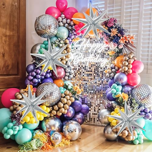 Image of 9 Pcs Silver Foil Balloons 22 Inch Metallic Silver Disco Ball Balloons Chrome Explosion Stars Balloon for Birthday Bachelorette 70s 80s 90s Themed Graduation Retro New Year Prom Party Decor