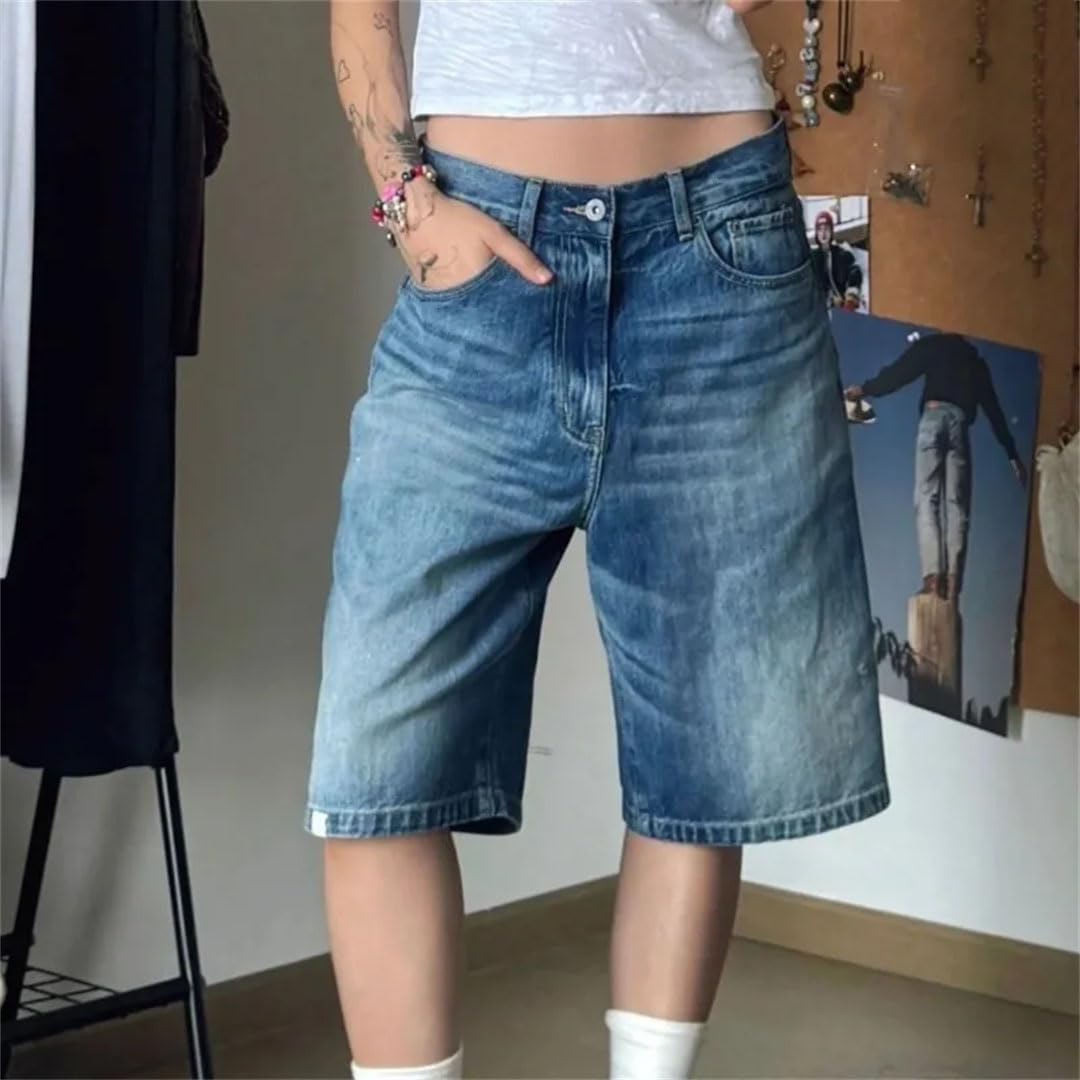 Damskie dżinsy Harajuku Vintage luźne sprane szorty szerokie nogawki punk workowate spodenki dżinsowe, NIEBIESKI, XL