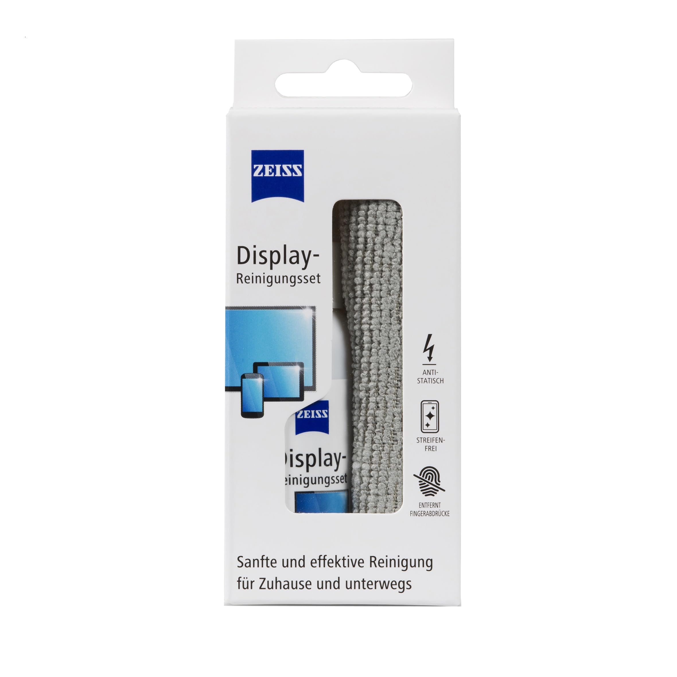 Zeiss Spray detergente per display con contenuto da 120 ml, incluso un panno in microfibra per una pulizia sicura ed efficace di superfici ottiche, senza alcool, antistatico, 606243, bianco