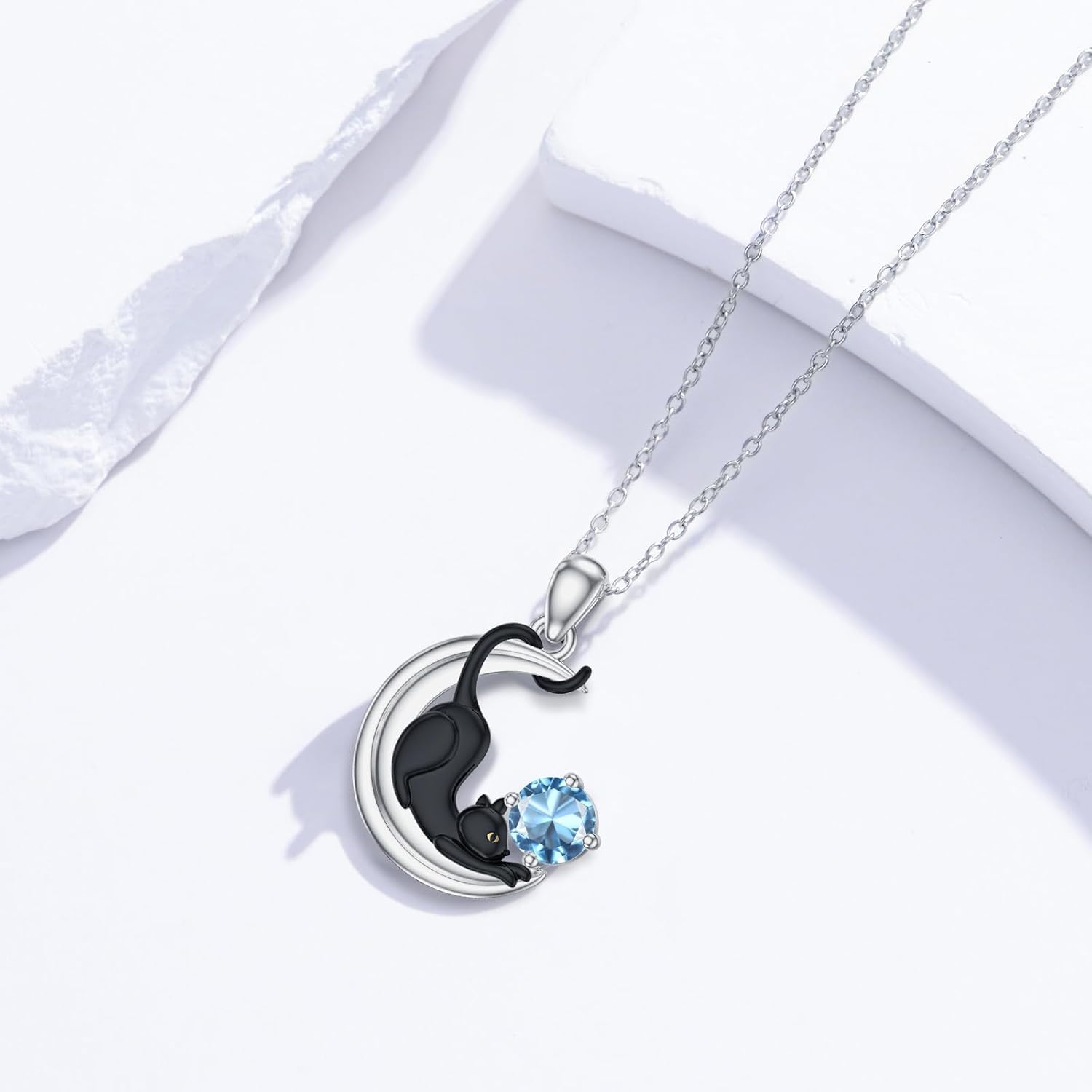 LONAGO Black Cat Birthstone Necklace Cat on Moon Pendant Necklace Jewelry Gift for Women - Image 3