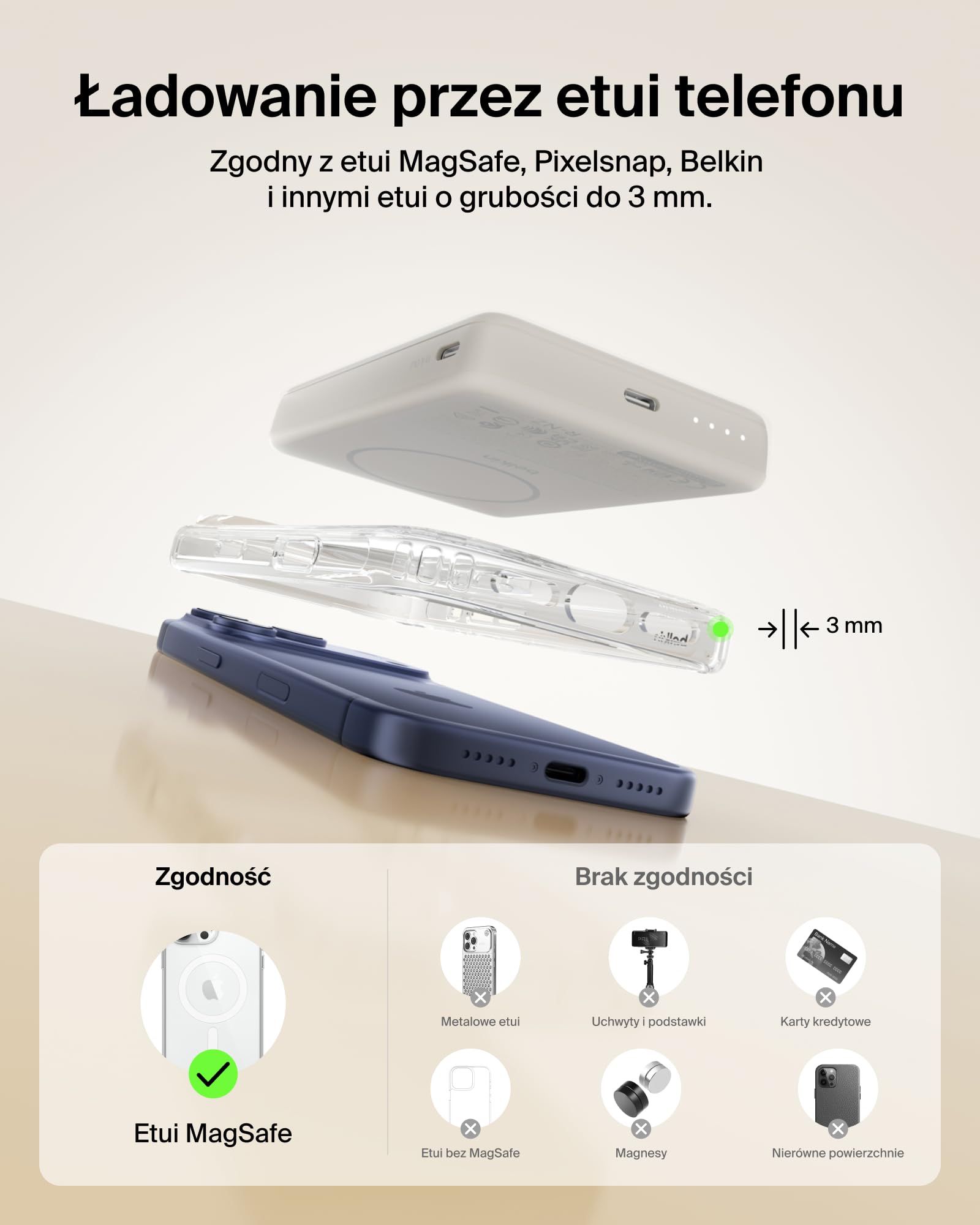 Belkin BoostCharge Magnetyczny Powerbank 10 000 mAh, Pierścień – Piaskowy | Powerbank Bezprzewodowy 10 000 mAh, Pierścień Magnetyczny do Akcesoriów, 2 Porty USB-C, Wstępnie Naładowany, Kabel w Zestawie