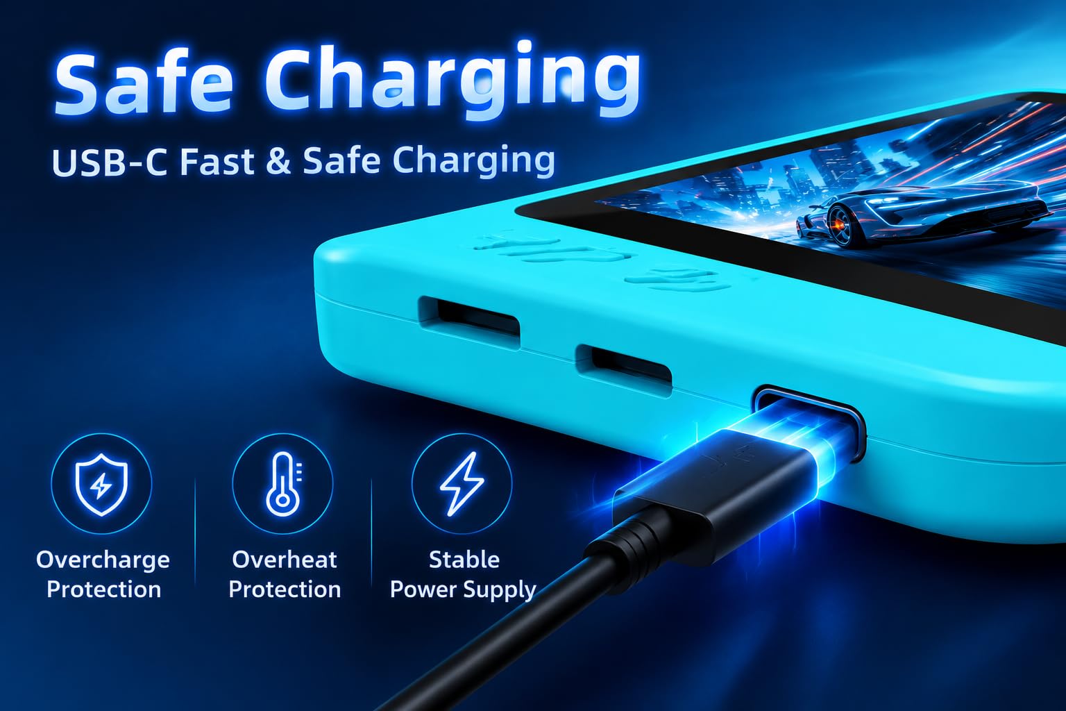 Q35 Console de jeu portable Open Source, écran HD de 3,5", stockage 64 Go, batterie rechargeable 4000 mAh, support de contrôleur, console de jeu portable pour adolescents et adultes, bleu
