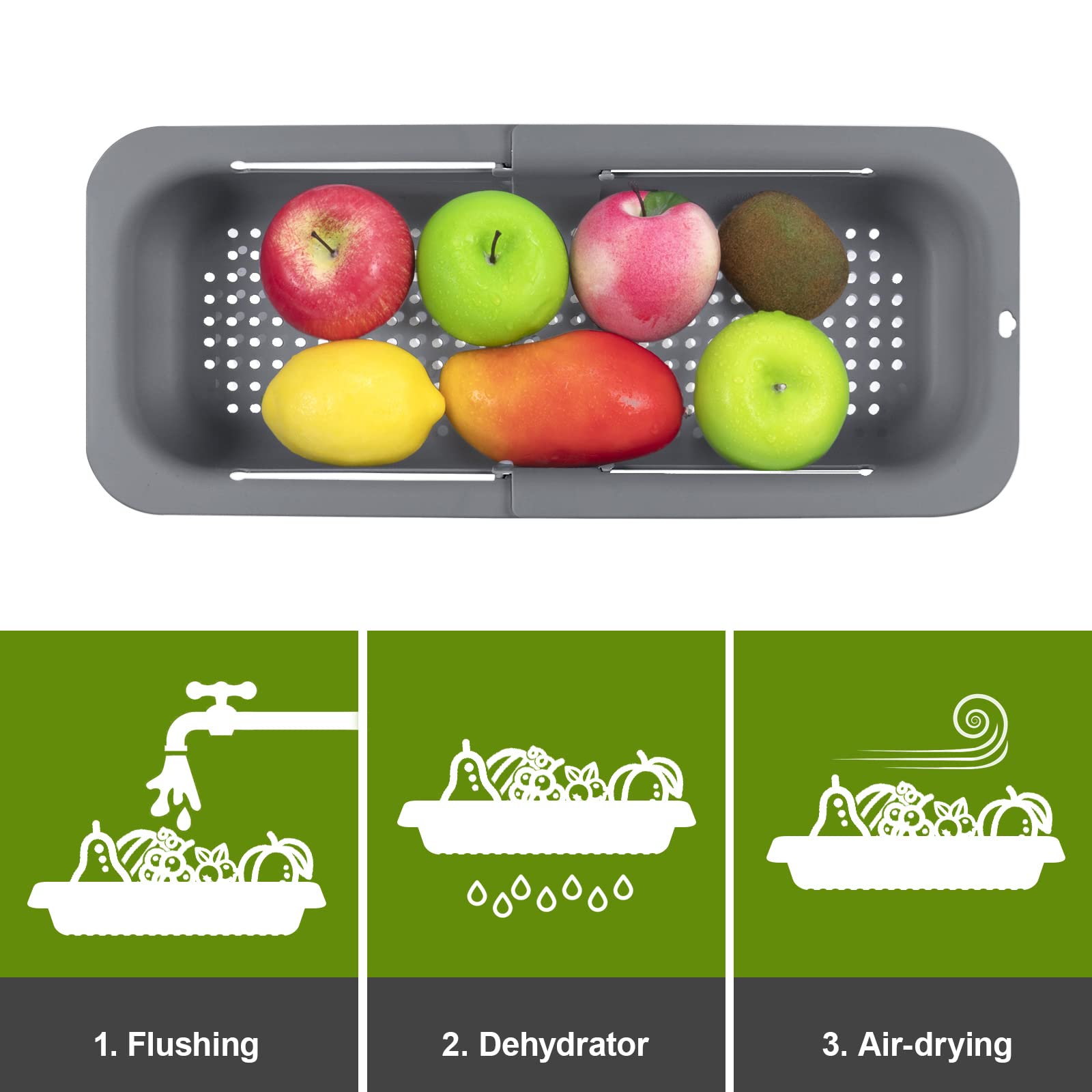 MumdoYAL Colador de Fregadero expandible - Material PP Apto para Alimentos - Orificios de Drenaje eficientes - Soporte de Secado rápido para vajilla - Fácil de Limpiar y Duradero. (Gris Oscuro)