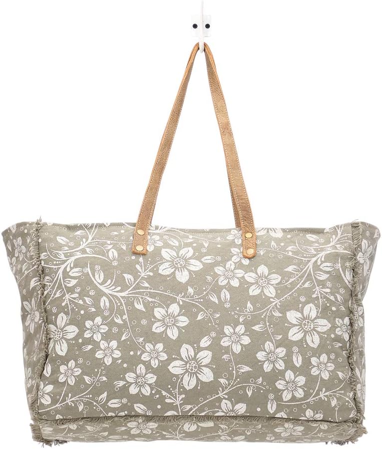 Myra Bag Chalky Upcycled Canvas & Leather Weekender Bag S-1473 - Image 6