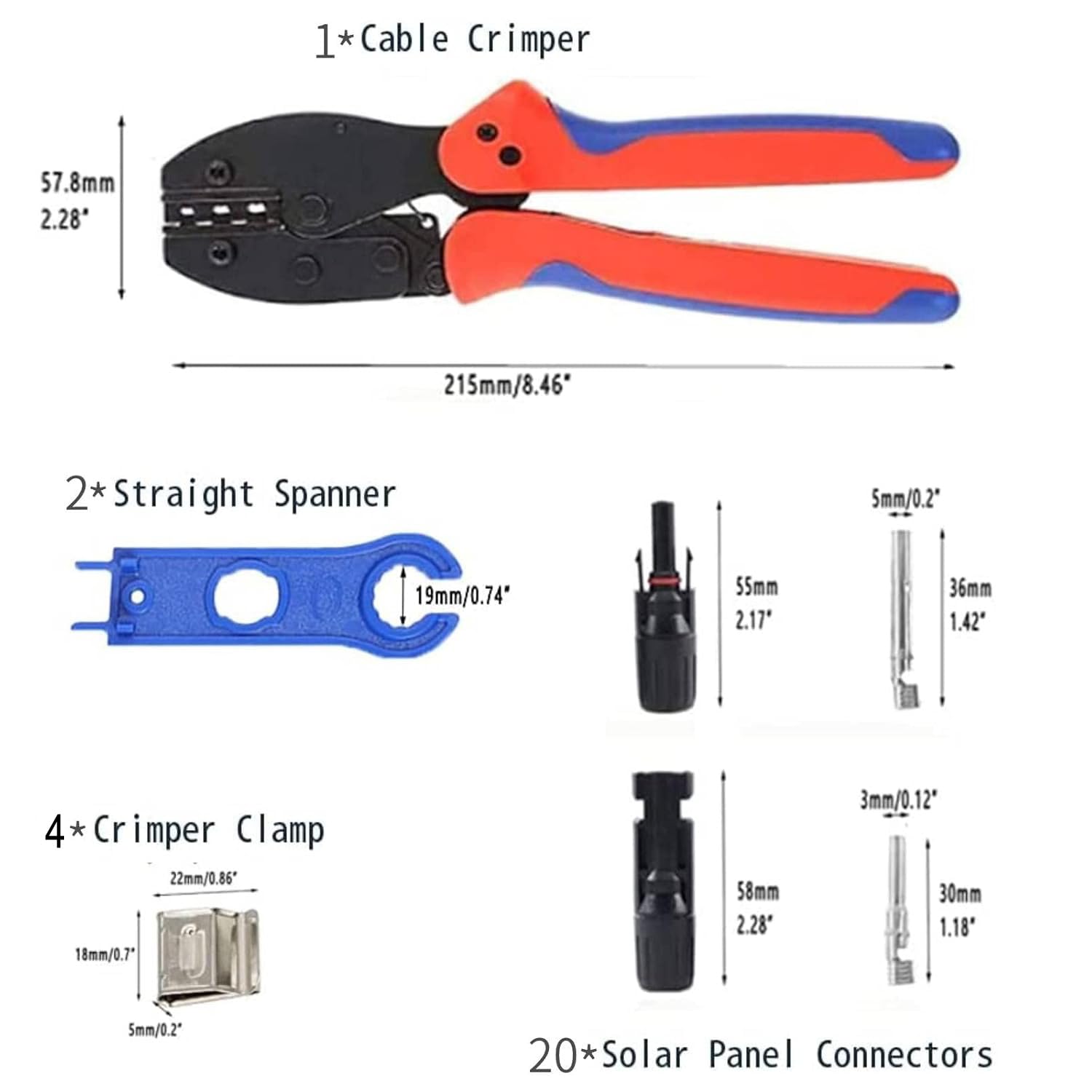 Kit Crimpadora Solar para 26-10AWG Conectores de Cable de Panel Solar,1PCS Herramienta de Crimpado Solar PV, 20 Pares Macho Hembra Solar Panel Cable conectores, 2PCS Herramientas de llave