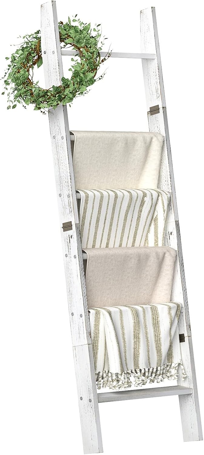 Honest Blanket Ladders for The Living Room, 6-Tier Blanket Holder, Wall-Leaning Blanket Rack, Ladder Shelves, Wooden Quilt Ladder, Farmhouse Decor, White