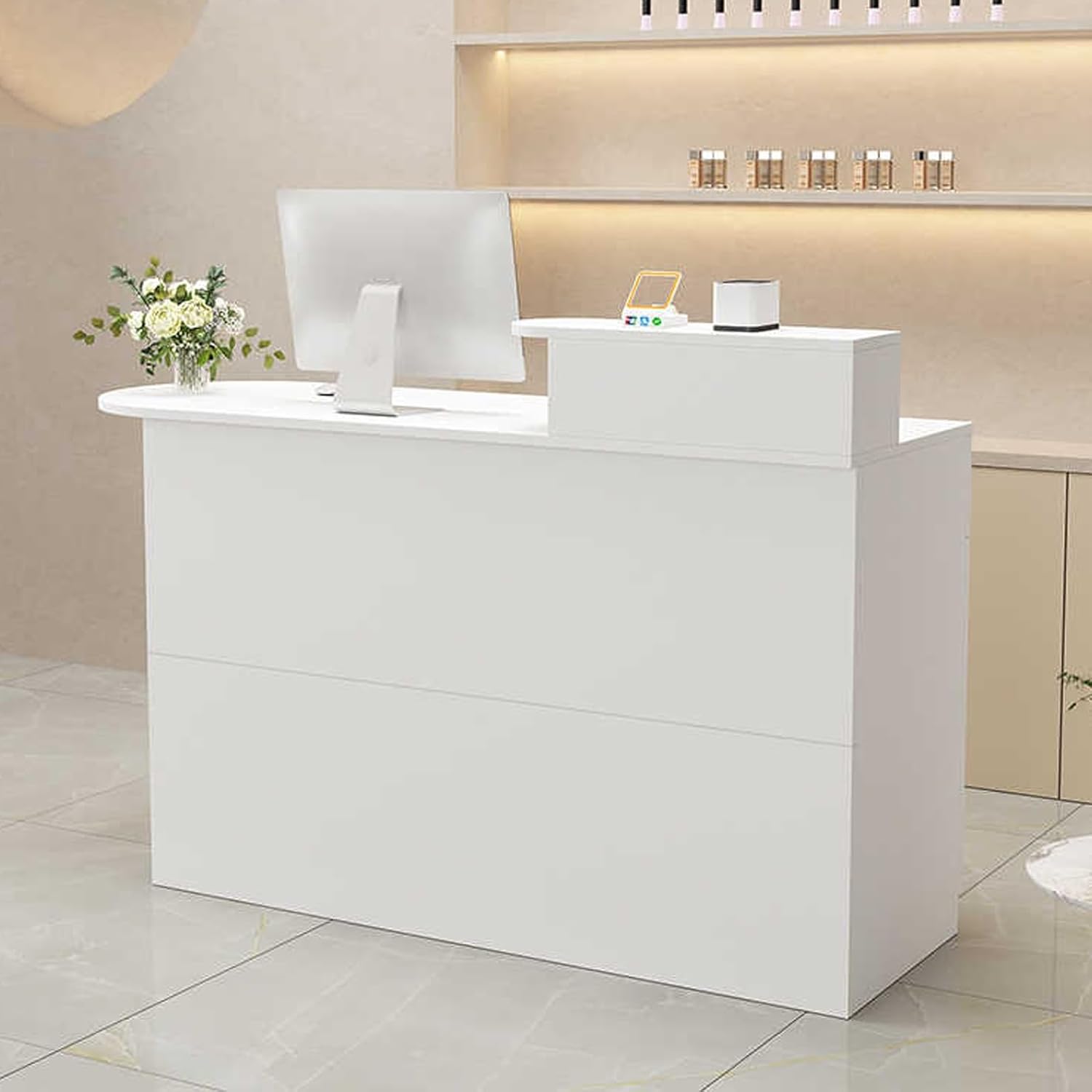 Reception Desk for Spaces with Lockable Drawer, Compact Office Counter Desk Counter Modern Front Lockable Drawers,Modern Reception Desk, Front Desk Reception Room Table with Cable Grommet, C