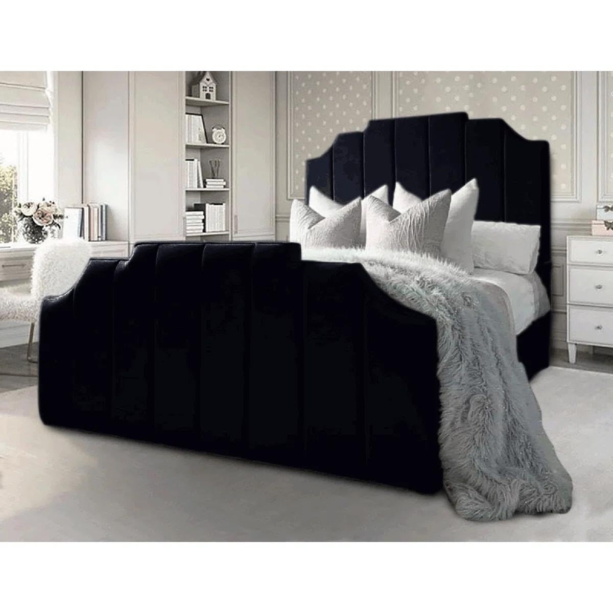 CALISMA Santorini 54-Inch Headboard Luxury Divan Bed with 24-Inch Footboard – Premium Velvet Finish, Soft-Touch Upholstery, Elegant Design for Modern Bedrooms. (Black, 4FT6)