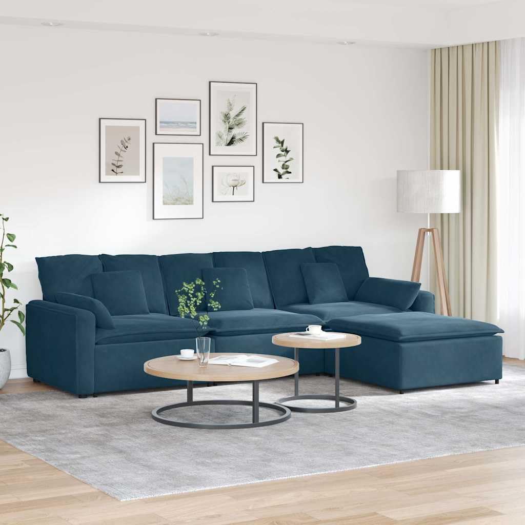 Sofá modular con reposapiés y cojín, marco de metal de terciopelo azul, 324 x 205 x 64 cm, 4 piezas, sofá de 4 piezas con esquina acolchada y elemento de asiento para salón, salón, cine en