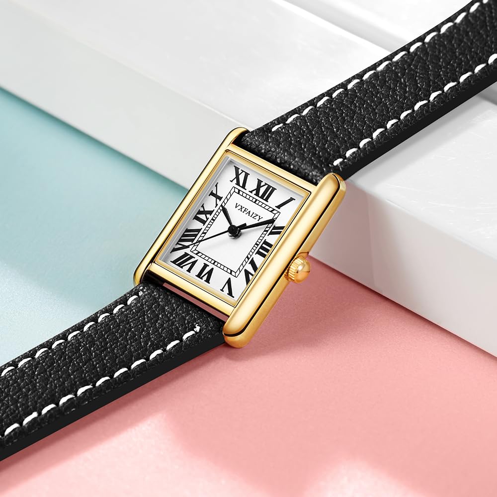 Montre Femme Rectangle Rétro Chiffres Romains Bracelet Cuir