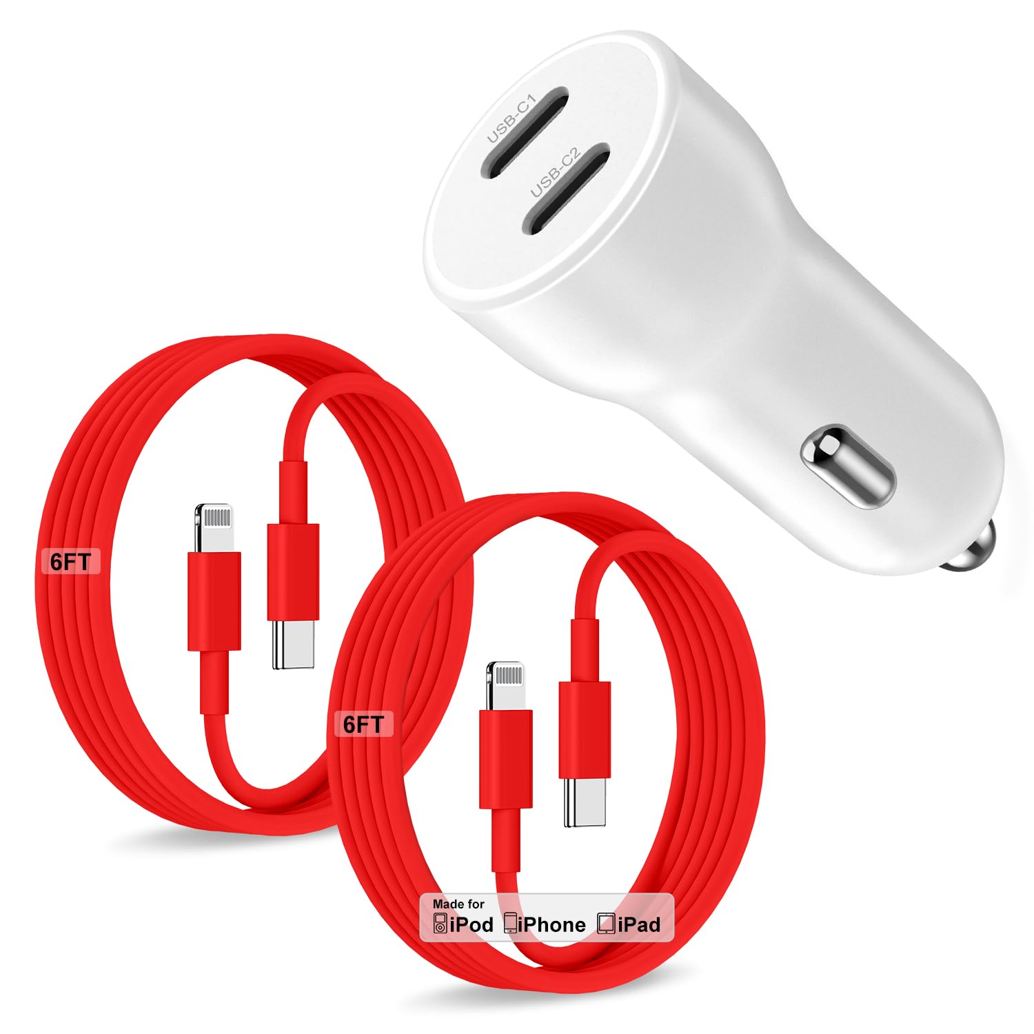 iPhone 14 13 Car Charger, Certified 45W Dual Port USB C Rapid Apple Car Adapter with 6ft Type C to Lightning Cable Fast Charging for iPhone 14 Pro/14 Pro Max/14 Plus/13/12/11/X/XS/SE,iPad-Red