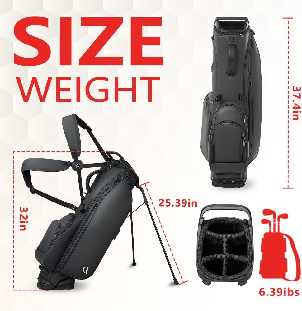 Golf Club Stand Bag PU Leather 5-Way Full Length Top Dividers Waterproof Men Women, Lightweight Multiple 5 Pockets Cooler Pouch Adjustable Detachable Shoulder Dual Straps Rain Cover Hood