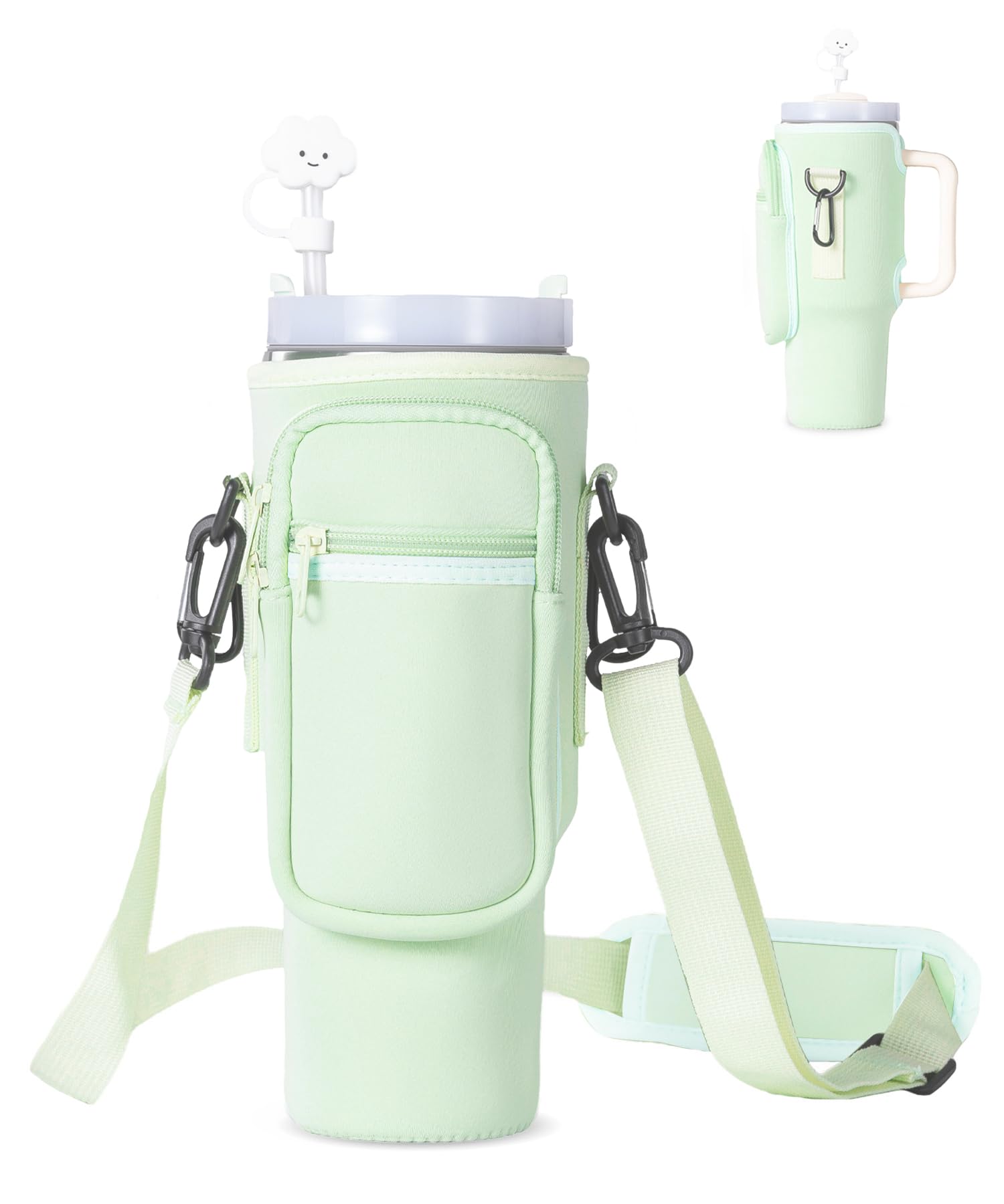 dabria Water Bottle Carrier Bag with Phone Pocket for Stanley 40/30 oz Tumbler Neoprene Water Bottle Holder Pouch with Adjustable Strap Bollus with Straw Cover & Carabiner for Stanley Cup Accessories