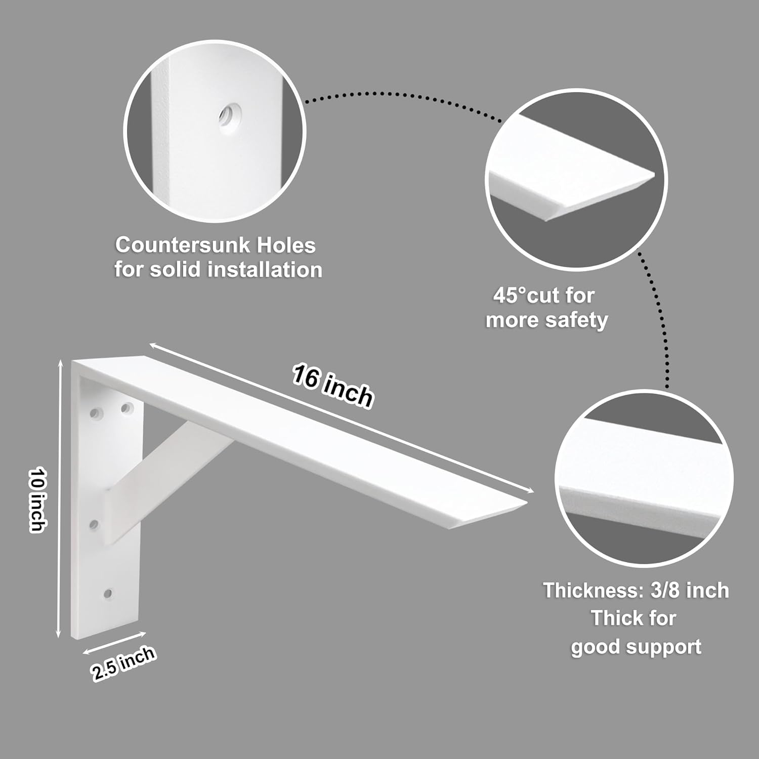 Countertop Support Bracket 16 Inch Heavy Duty Shelf Bracket 2 Pack 3/8 Thick White for Granite Quartz Wood Laminate Countertops