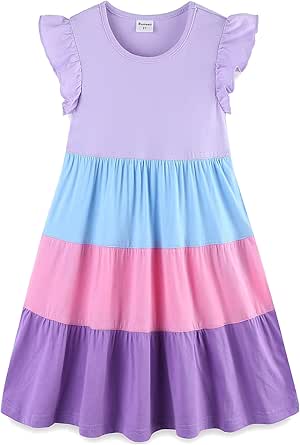 Bumeex Girl's Cotton Ruffle Sleeve Tiered Swing A-Line Dress