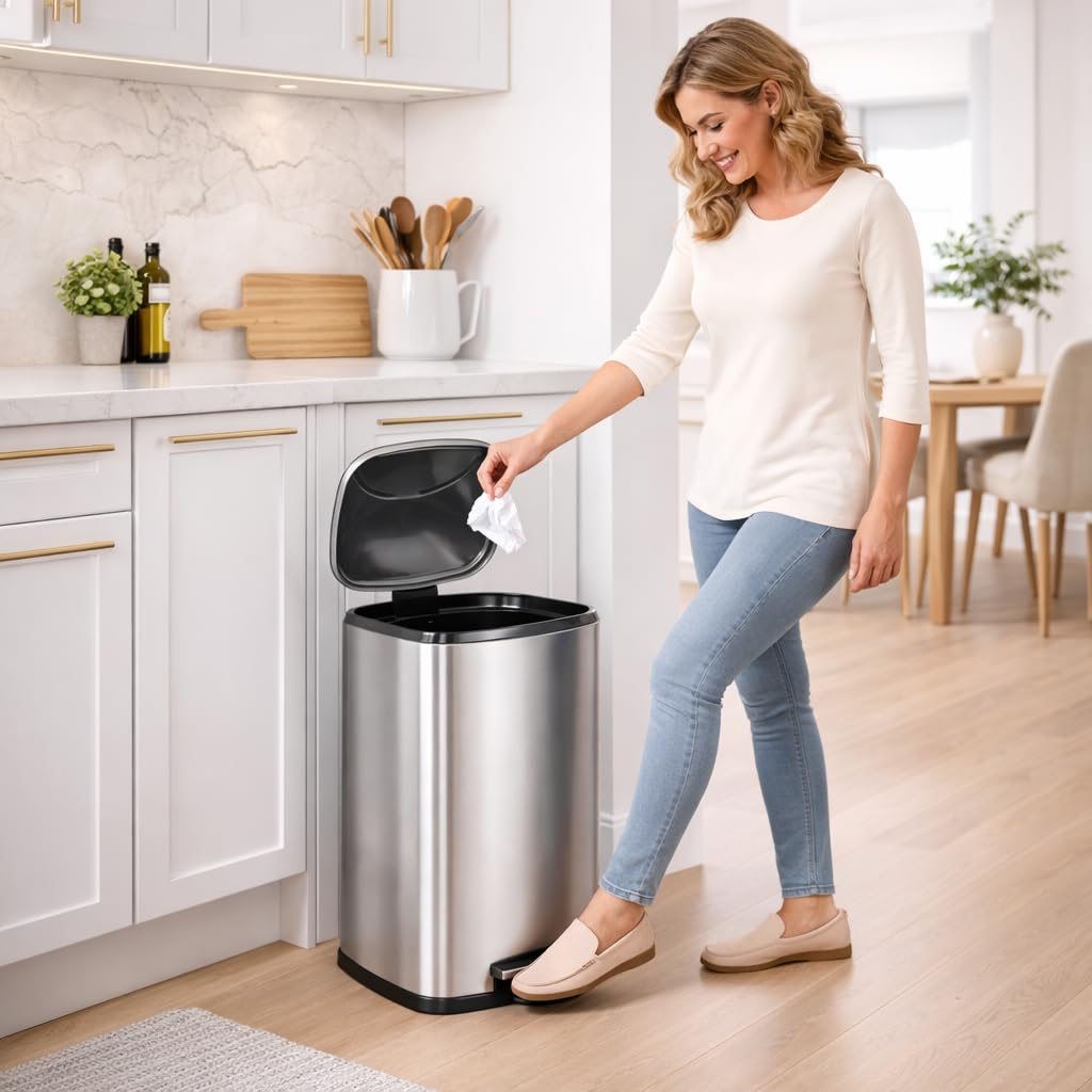 T-LOVENDO.ES Cubo de Basura 50L Grande de Acero Inoxidable con Pedal | Papelera con Tapa Anti-Olores | Sistema Sujeta Bolsas | Diseño Moderno | Apertura Suave y Silenciosa | Cocina Baño Oficina
