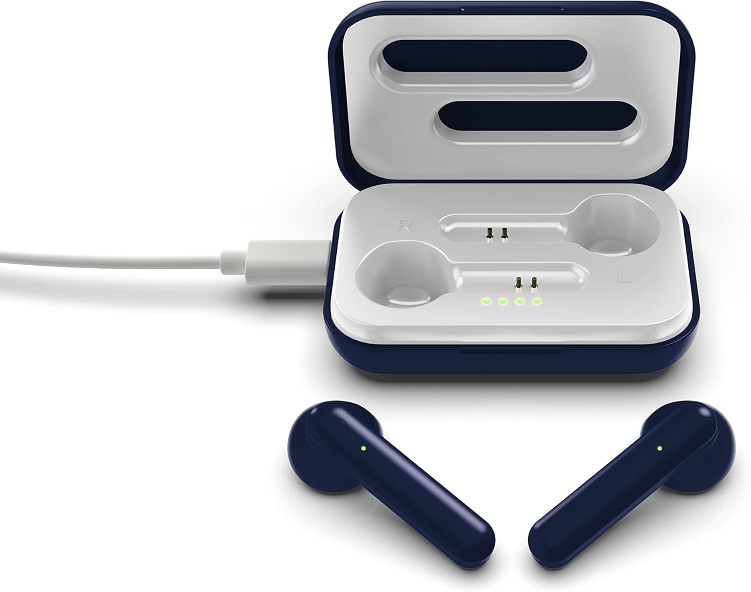 SOAR NFL True Wireless Earbuds V.4 inside the charging case with indicator lights