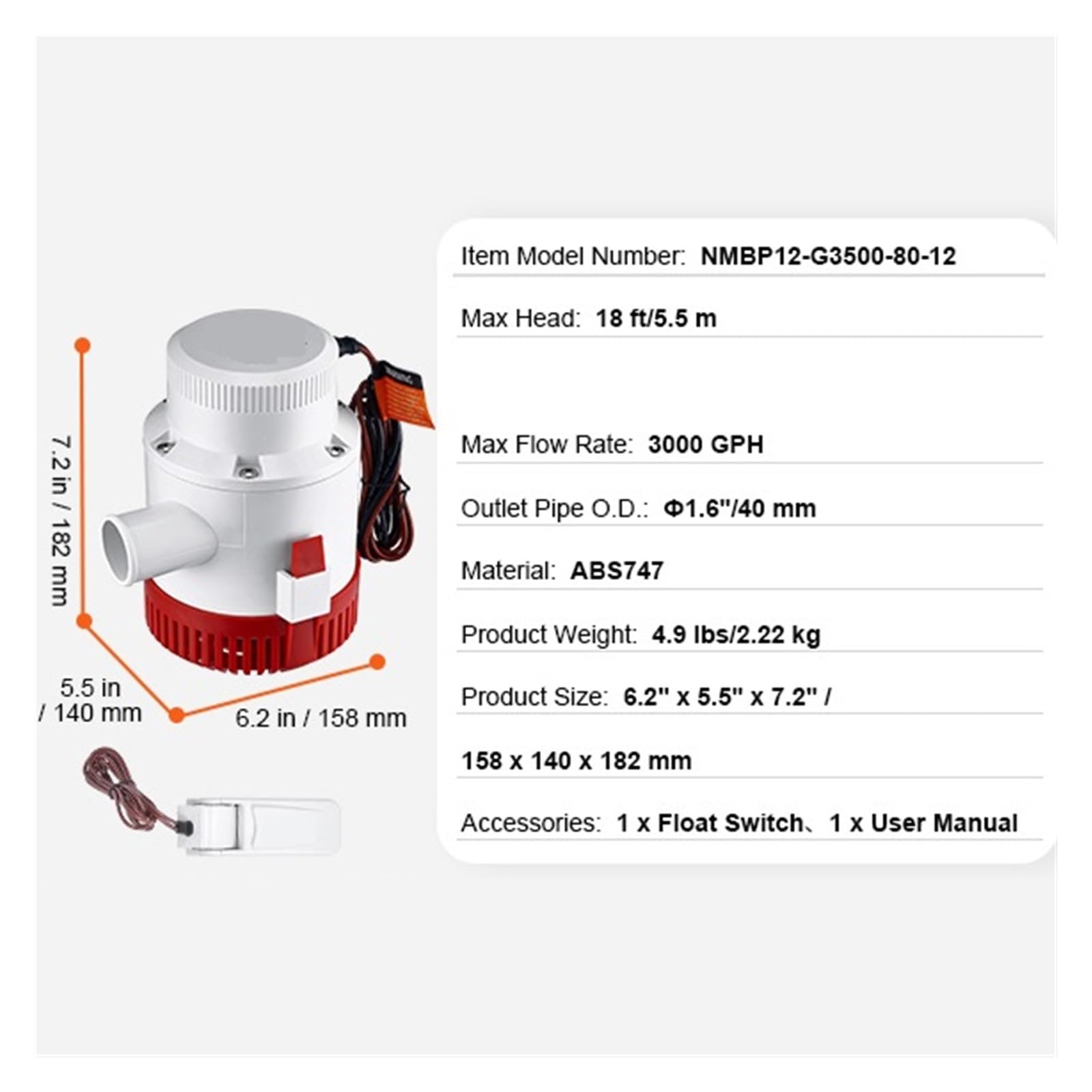 Bomba De Achique Automática Sumergible Con Interruptor De Flotador For Barcos, Piscinas Y Sótanos.(3000GPH 40mm Outlet)