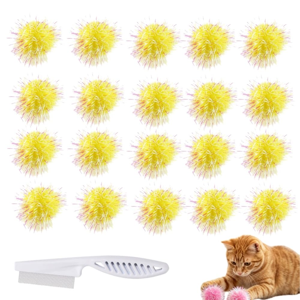 Cat Puff Balls - 2.36 Inch Extra Large Sparkle Green Puff Ball Toys for Indoor Cats, Interactive Cat Toy Balls with Glitter Tinsel, Multicolor Tinsel Cat Balls (Yellow,30PCS)
