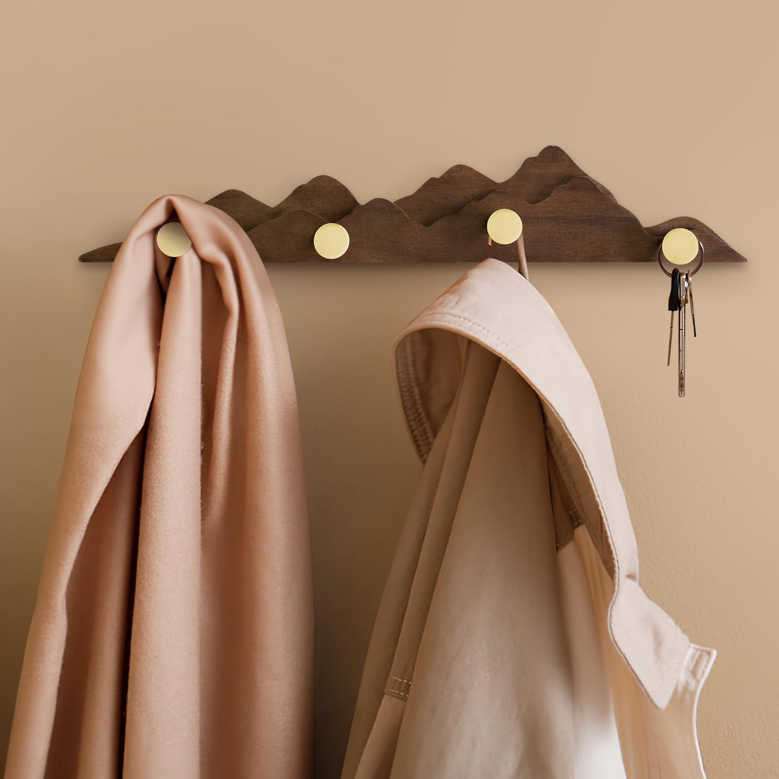 Jotsport Perchero de pared con 4 ganchos de latón para colgar abrigos, sombreros, bolsas, toallas, ganchos decorativos de madera para pasillo, beroom y baño