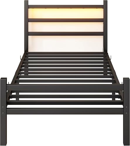 Miniatura 6 de Base de cama individual con estación de carga y cabecera LED, listones de acero resistente que soportan marco de cama de metal, no necesita somier,