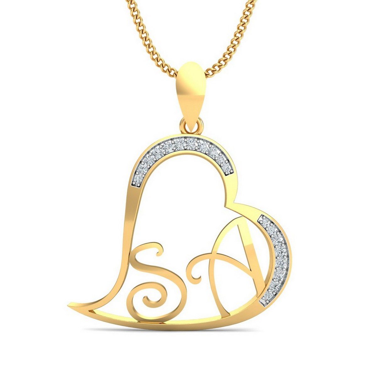 18KT Yellow Gold SA Initials Heart Pendant for Women