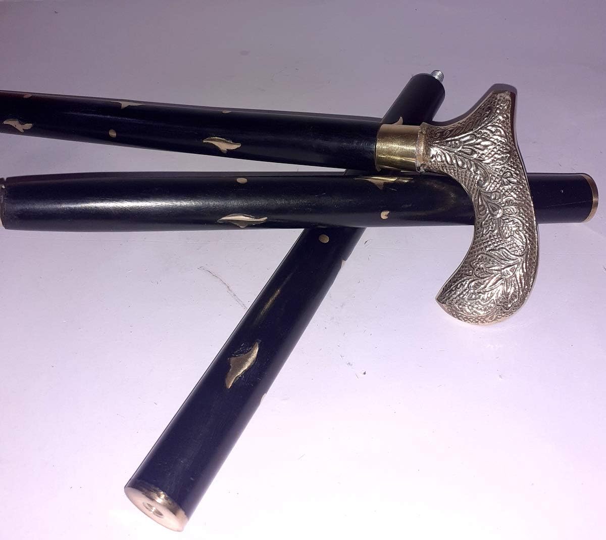 Handmade Victorian Antique Brass Handle Wooden Walking Stick Cane Golden & Black 36 to 37 Inch
