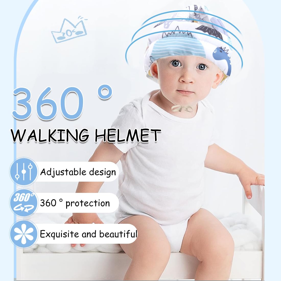Poggiatesta per bambini - Poggiatesta per neonati, casco di sicurezza regolabile, protezione per la testa, cuscinetto protettivo morbido e traspirante per bambini dai 6 ai 24 mesi (White Dinosaur)