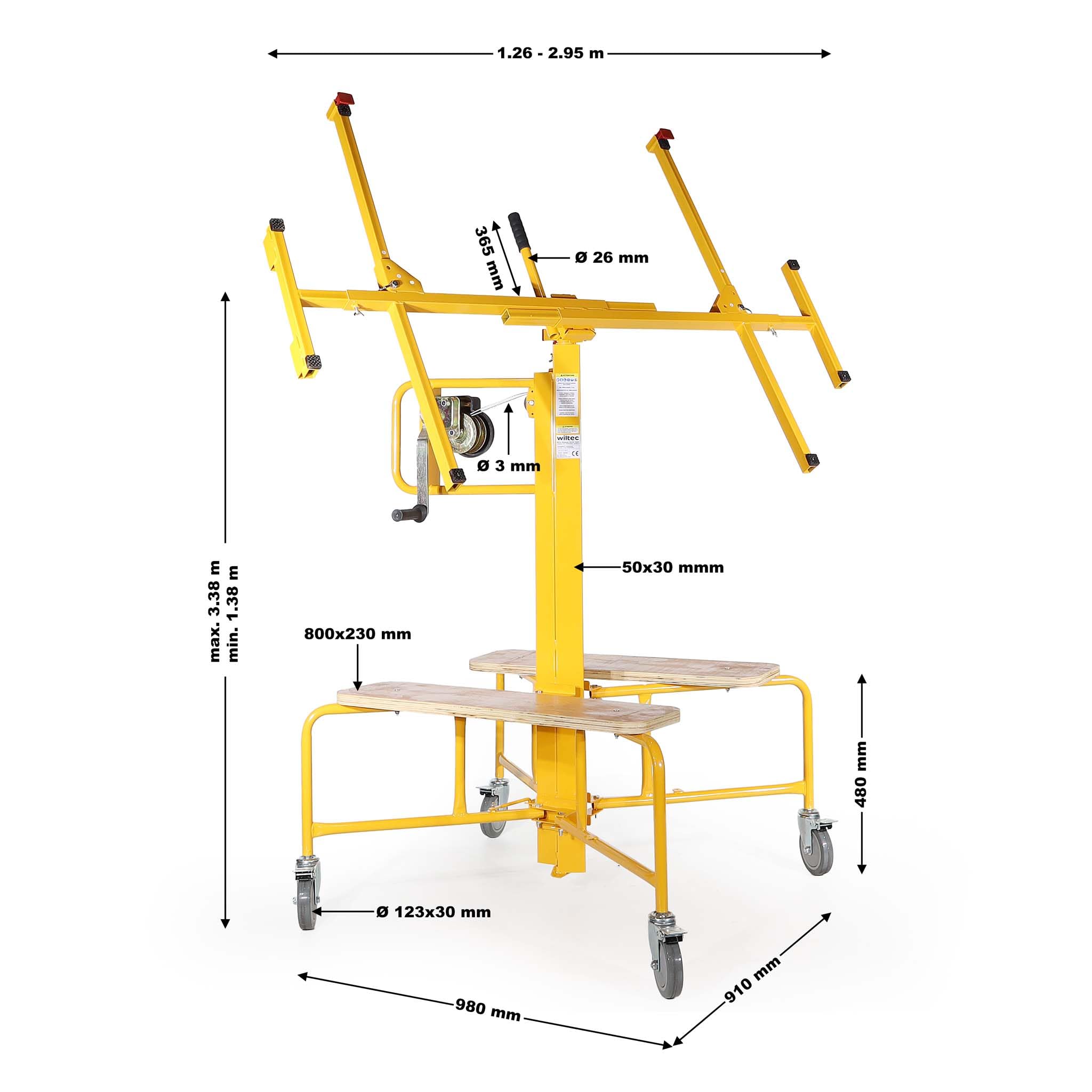 Podnośnik panelowy Wiltec do maks. 75 kg, wysokość 138-338 cm, pomoc w montażu płyt kartonowo-gipsowych, podnośnik panelowy uchylny z 4 kółkami z hamulcem postojowym
