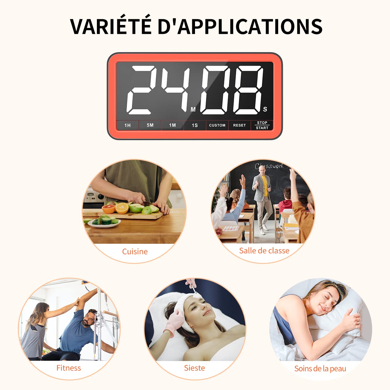 VOCOO Grand minuteur numérique pour la cuisine: Minuteur magnétique à LED avec 3 niveaux de luminosité, 4 alarmes et 3 niveaux de volume, Compte à rebours à piles pour cuisiner, Salle de classe et Gym