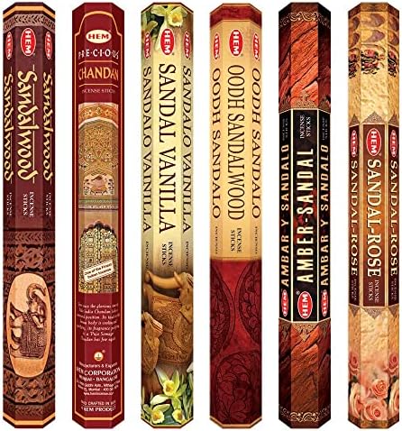 HEM Premium Sandalwood Incense Sticks Combo | Chandan, Sandal Rose, Amber Sandal, Oudh Sandalwood, Sandal Vanilla, Sandalwood | Ideal for Puja & Meditation | Burns 35-40 Min | Pack of 120 Agarbatti