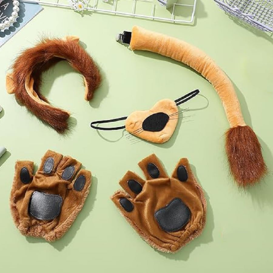 4PCS Lion Costume Accessories Set, Lion Ears Headband Tail Nose and Paw Gloves Accessories for Halloween Party Cosplay Dress Up - Image 5