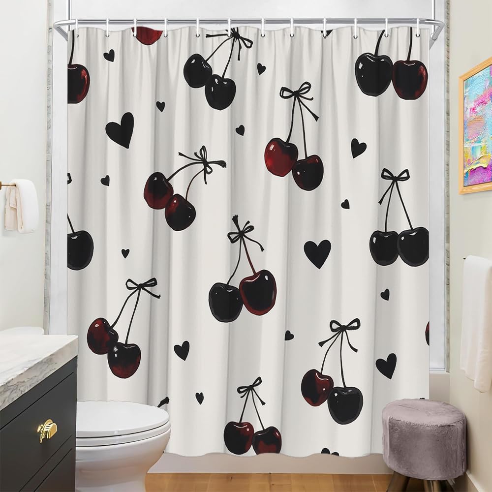 GLWDMB 1 Piece 180x180CM Minimalist Black Cherries with Tied Ribbons Printed Shower Curtain With Hook, Polyester, for Windows And Walls, Bathtub, Bathroom, Machine Washable, All Season Universal