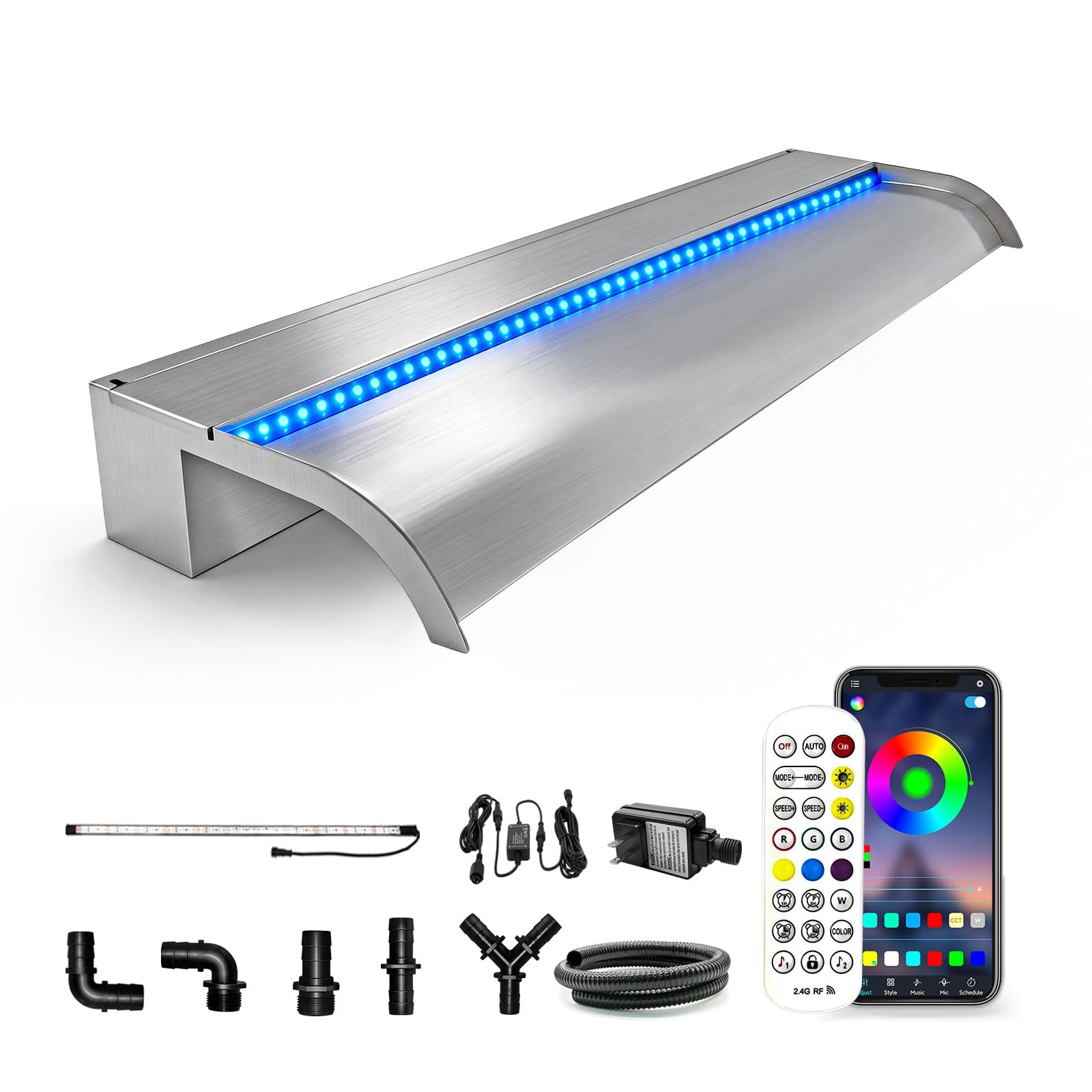 LONGRUN 90cm Stainless Steel Curved Waterfall Blade, Complete Waterfall & Stream Kits for Outdoor Water Features Home Decor, Pool Water Spillway with Detachable Cover Plate