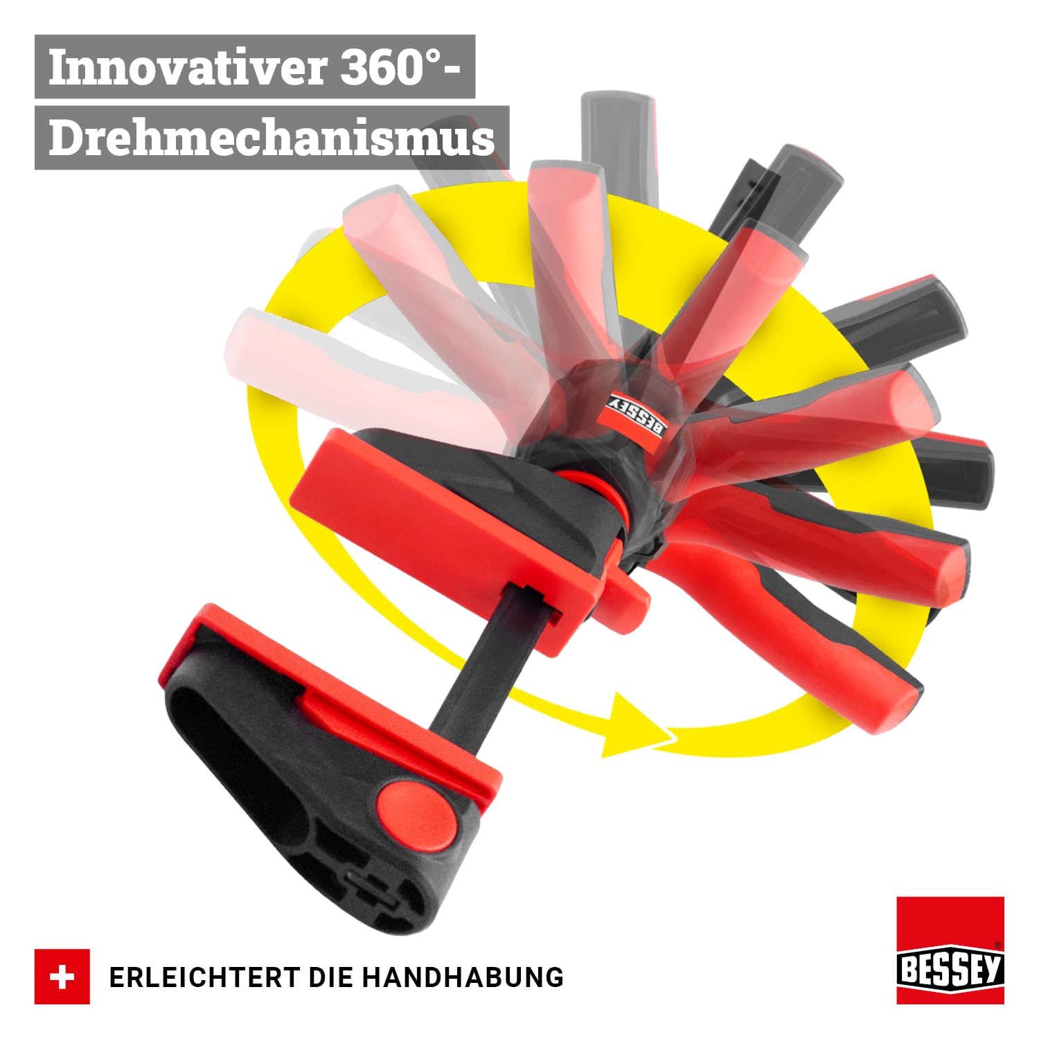 BESSEY Einhandzwingen-SET EZ360M-EZ360-SET, 2x EZ360M-15 und 2x EZ360-30, innovativer 360° Dreh-Mechanismus ermöglicht das Platzieren der Griffeinheit rund um die Schiene