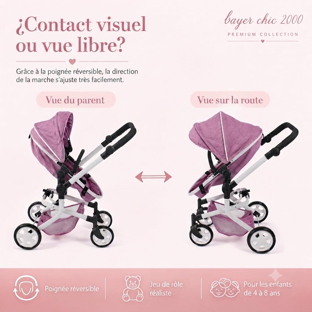 Bayer Chic 2000 Poussette poupée Mika 2 en 1 Pliable et réglable | Poussette poupée 2 en 1 pliable avec poignée réglable (47-80 cm), pour poupées jusqu'à 52 cm.