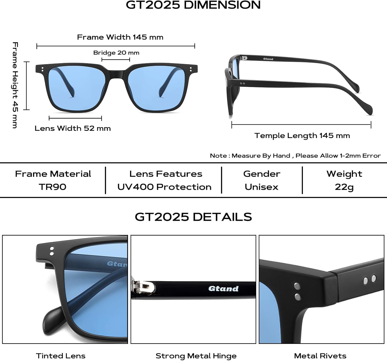 Gtand Unisex Vintage Retro Square Style Tinted Sunglasses For Men Women Fashion Rectangle Sun Glasses 52mm - Image 5