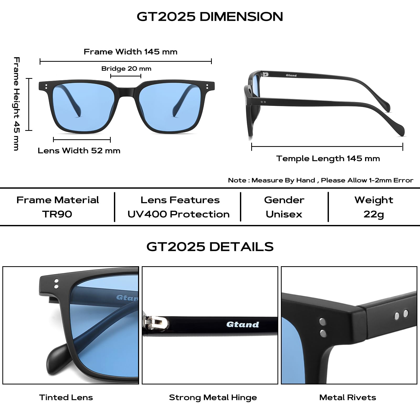 Gtand Unisex vintage retro kwadratowy styl przyciemniane okulary przeciwsłoneczne dla mężczyzn kobiet moda prostokątne okulary przeciwsłoneczne 52 mm