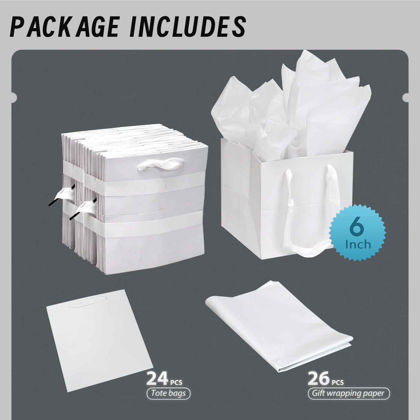 Papertide 24 Pack Square White Gift Bags 6x6x6 inch with Tissue Paper, Sturdy Paper Gift Bags for Cosmetics, Candles, Books, Birthday Gifts, Party Favors, Retail Packaging