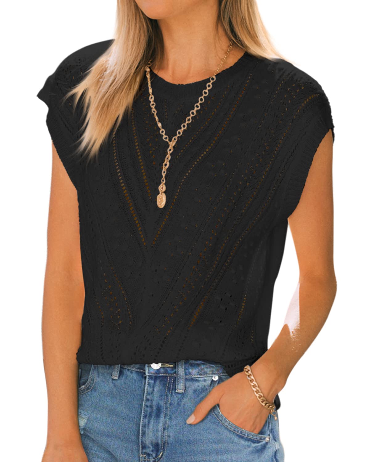 Langwyqu Womens Cap Sleeve Tops Summer Crew Neck Shirt Lightweight Crochet Knit Sweater