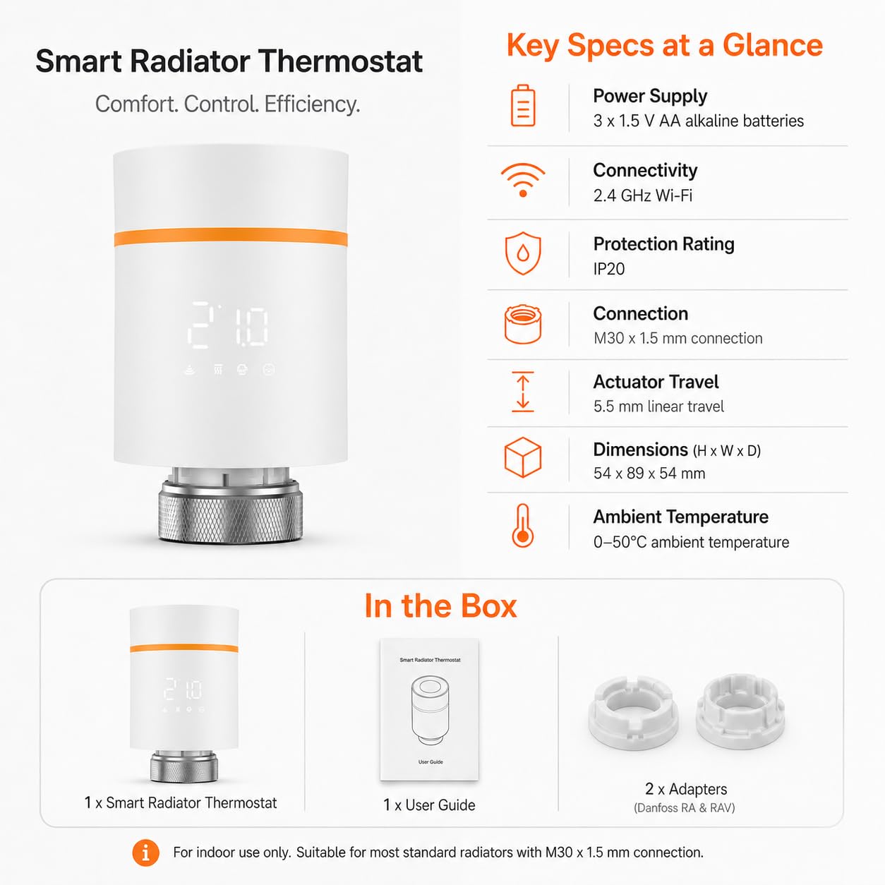 Yasorn Thermostat Wi‑FI 2,4 GHz pour Radiateur avec Molette, LED & Contrôle App, Compatible Alexa/Tuya, Installation Facile Maison & Bureau, Programmation Hebdomadaire