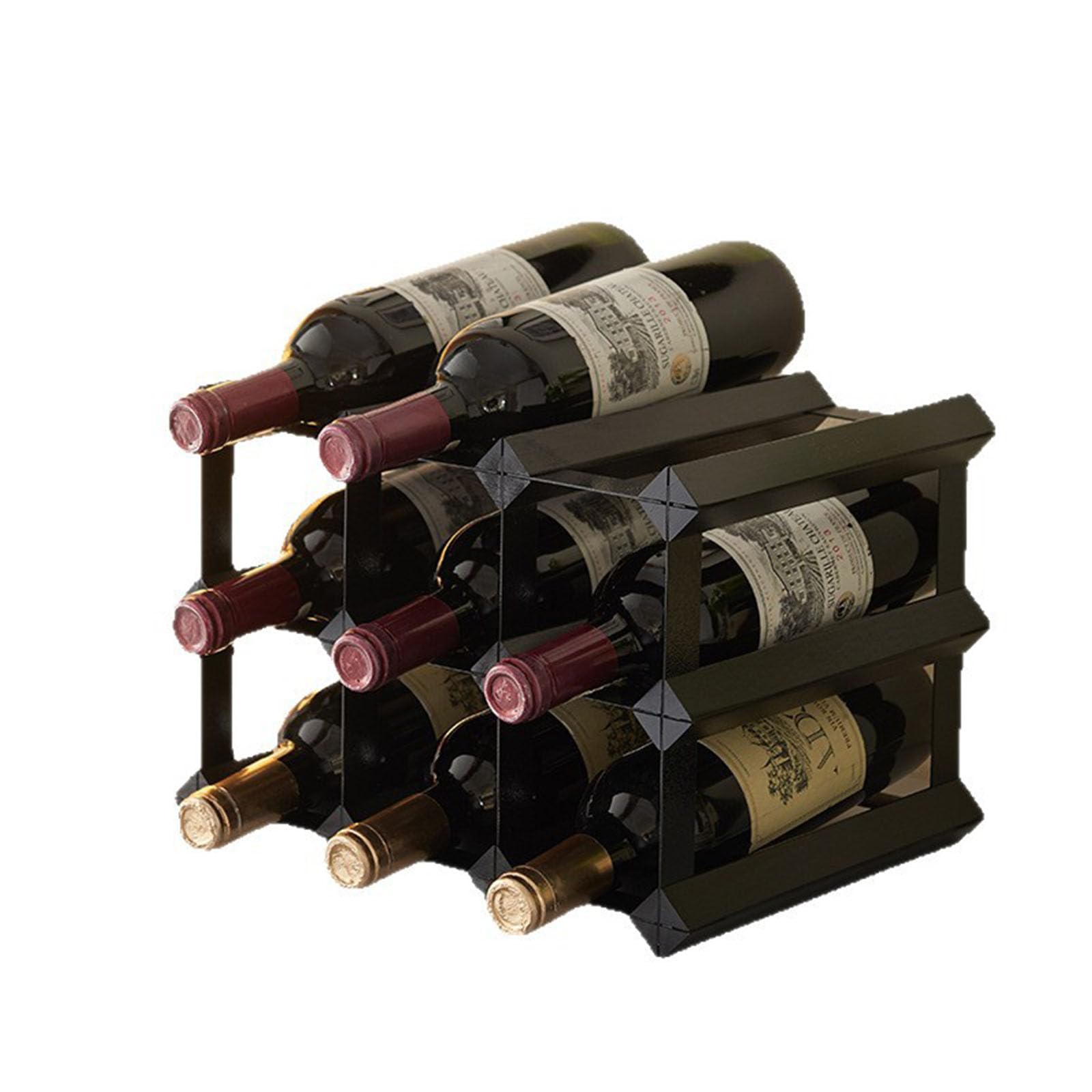 Weinregal aus Holz, freistehender Arbeitsplattenhalter für 9 Flaschen mit offenem Rahmen, horizontale Aufbewahrung für Wein, Eckpräsentationsständer, Thekenorganisator, Tischflaschenhalter, schwarzes