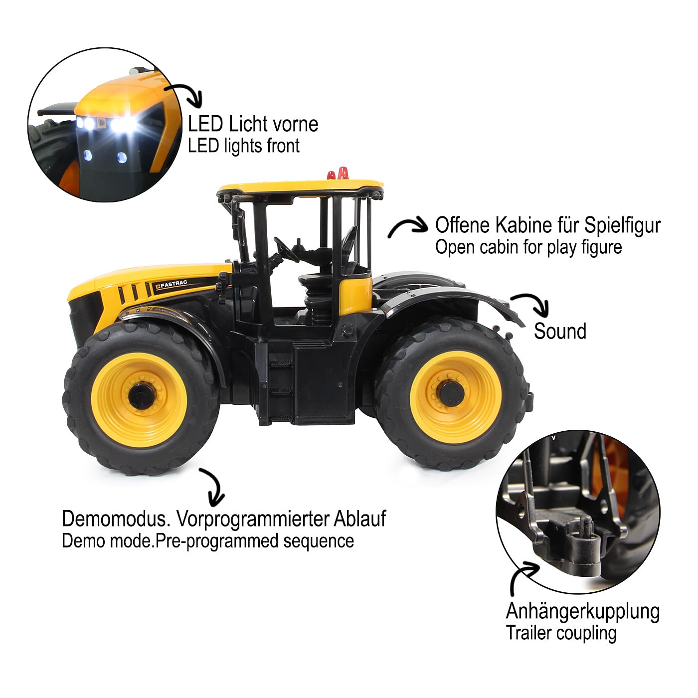 JAMARA Fastrac Traktor 1:16 2,4GHz – Motorsound (abschaltbar), Rückfahrwarnsound, Hupe, 2 Radantrieb, profilierte Gummireifen, LED Licht, Blinker, Auto-Standby und Demo-Modus, 405300, Gelb