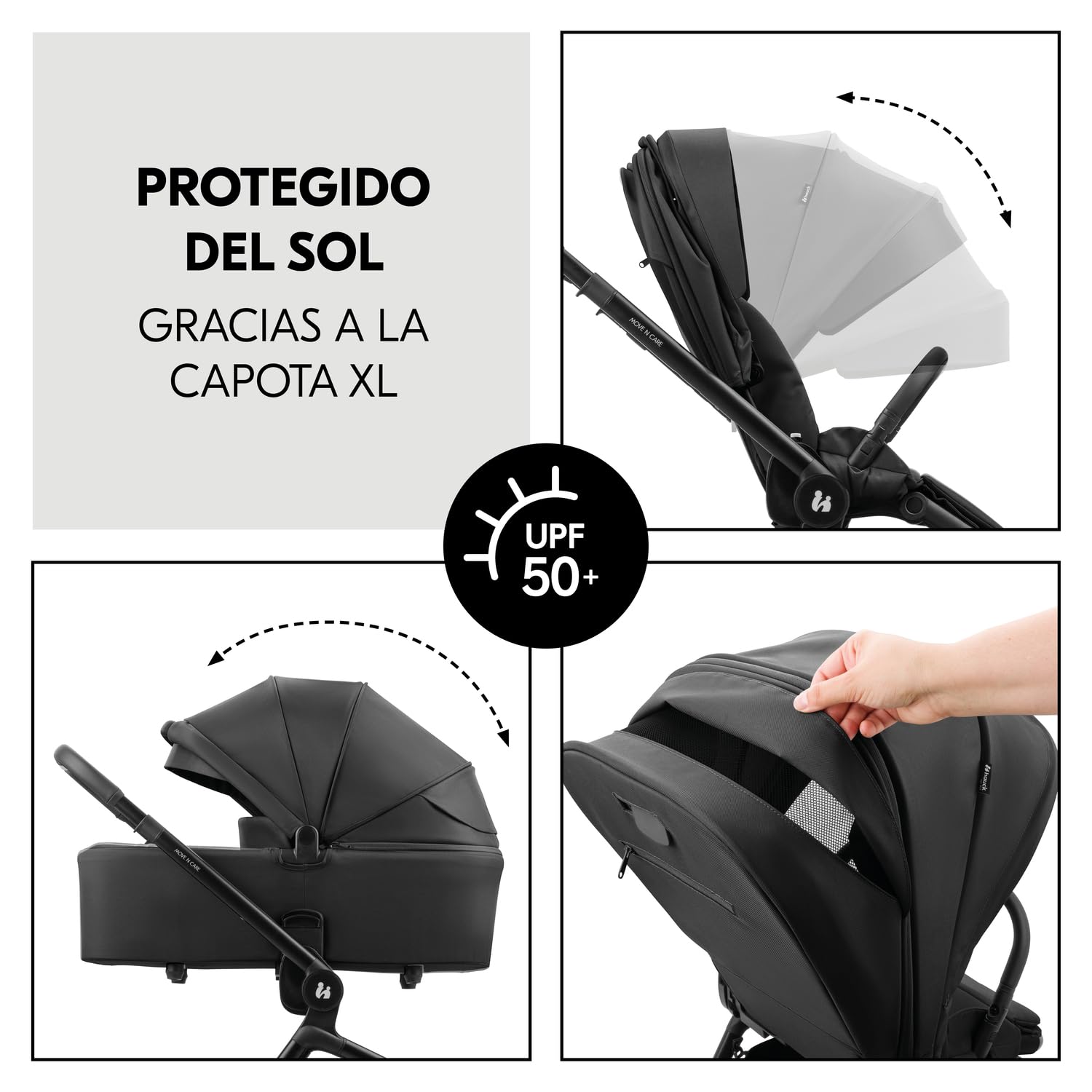hauck Move N Care Set Carrito Bebe 2 en 1 - Carro con Capazo Grande desde el Nacimiento hasta 22 kg, Silla de Paseo Ligera Reversible y Reclinable, Suspensión, Protección UV 50+, Cesta XL - Negro