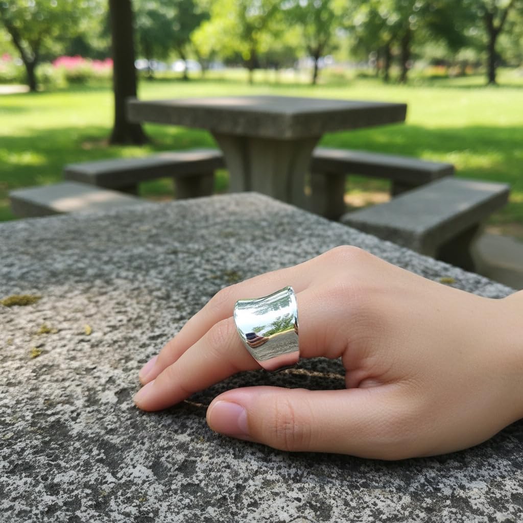 Classic Silver Wide Band Ring, Thick Silver Plated Statement Thumb Index Finger Chunky Cocktail Party Ring Jewelry - Image 3