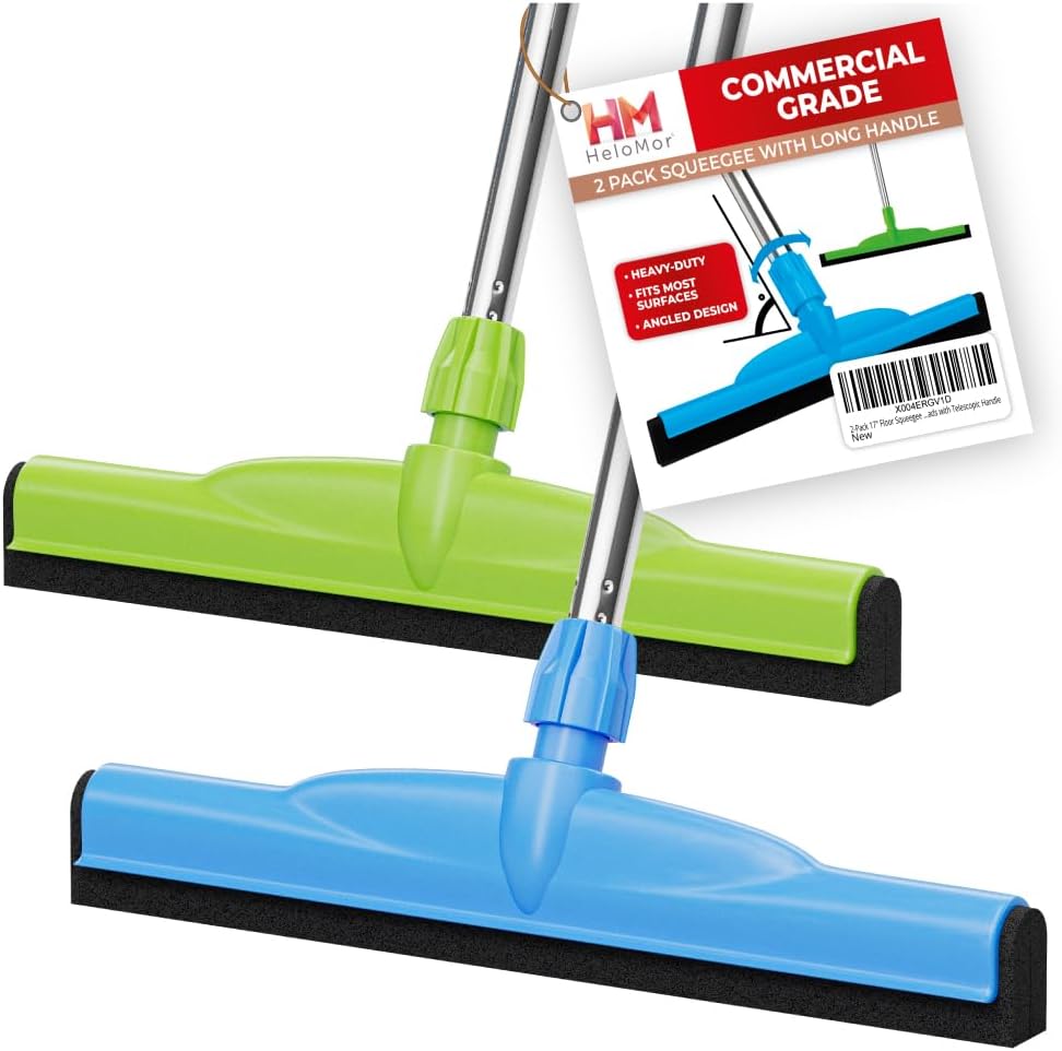HeloMor 2 Pack 17” Floor Squeegee Broom Scrubbing Brush with Long Handle for Garage, Patio, Deck, Tile and Shower | 62" Large Floor Squeegee for Concrete Floor | Shower Squeegee 2 Pcs