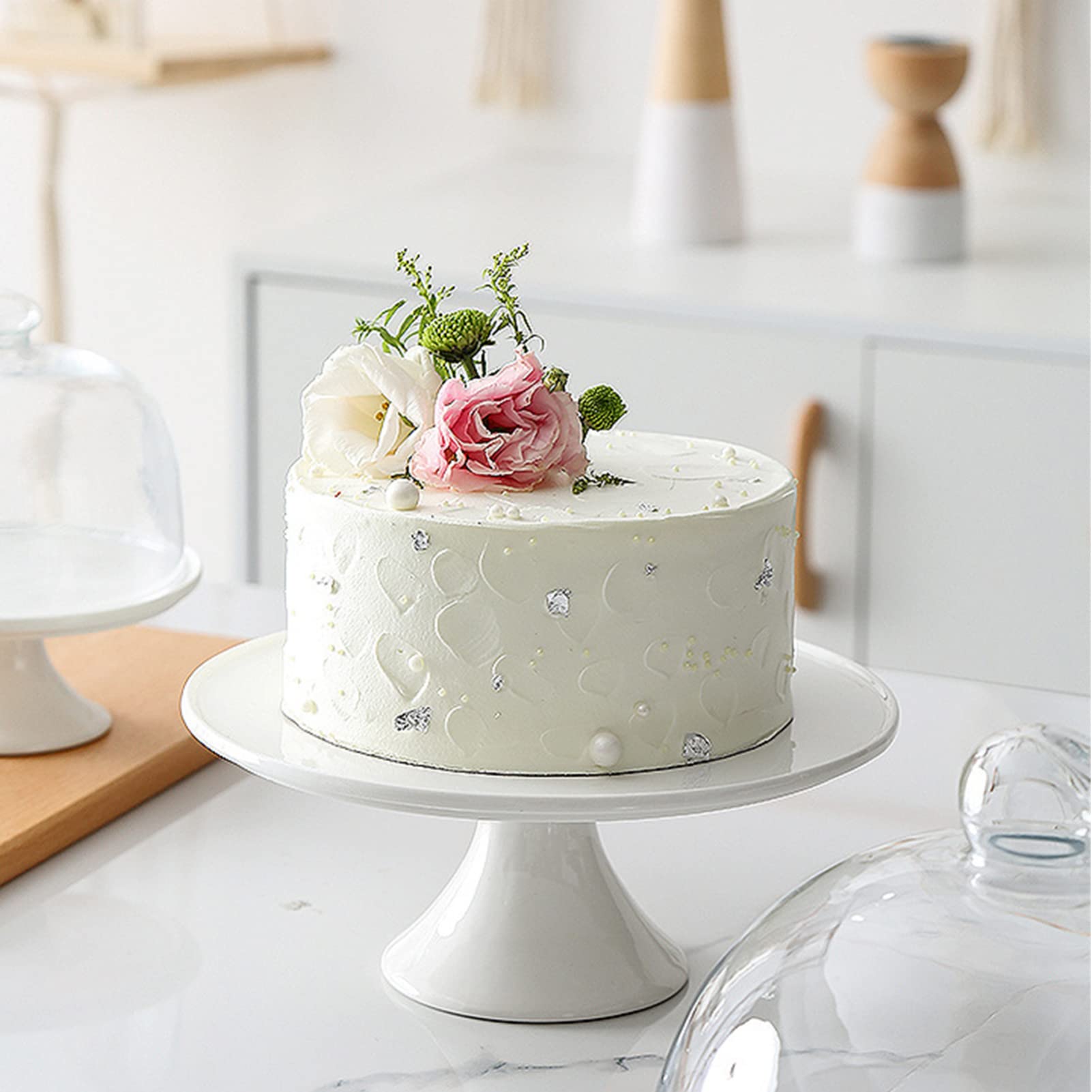 13CM Kuchenständer Keramik Tortenplatte Kuchen Glasglocke Porzellan Teller mit Kuchenglocke Tortenständer Haube Tortenglocke Glas Käseglocke Torten Glashaube Lebensmittel Abdeckung Deckel Cover