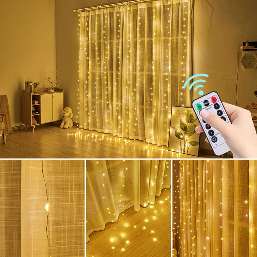 Stringa di luci for tende da finestra|Luci natalizie alimentate tramite USB|8 modalità di illuminazione Dimmerabile a distanza|Ideale for feste di matrimonio Giardino domestico Camera da letto Ou(Warm